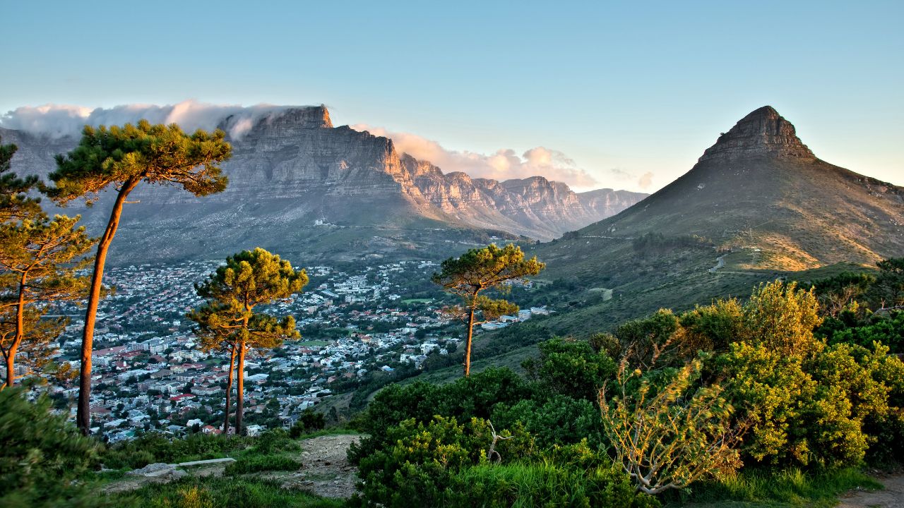 Table Mountain and Lion’s Head with Cape Town city bowl and greenery