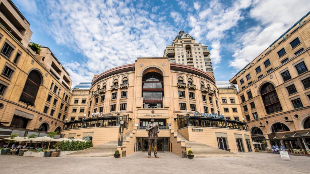 Nelson Mandela Square, Sandton, Johannesburg, daytime with Mandela statue
