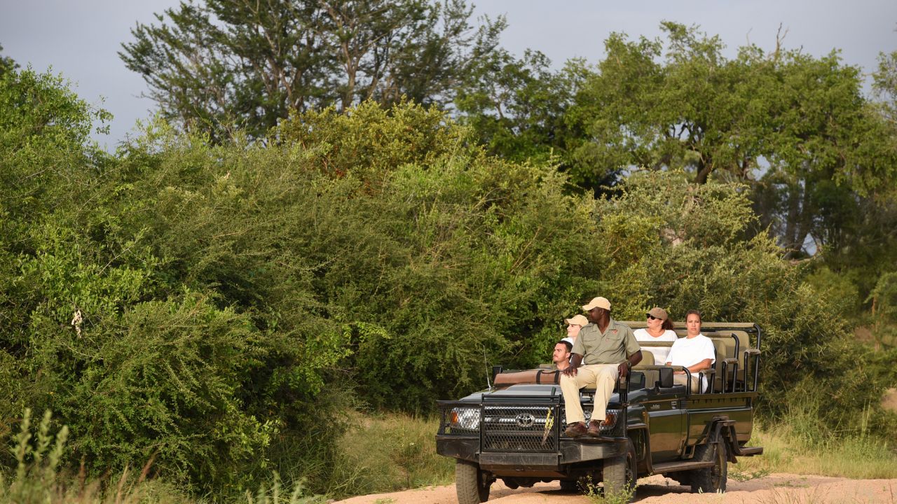 Safari vehicle with tracker seated on bonnet and ranger driving through Kruger bush