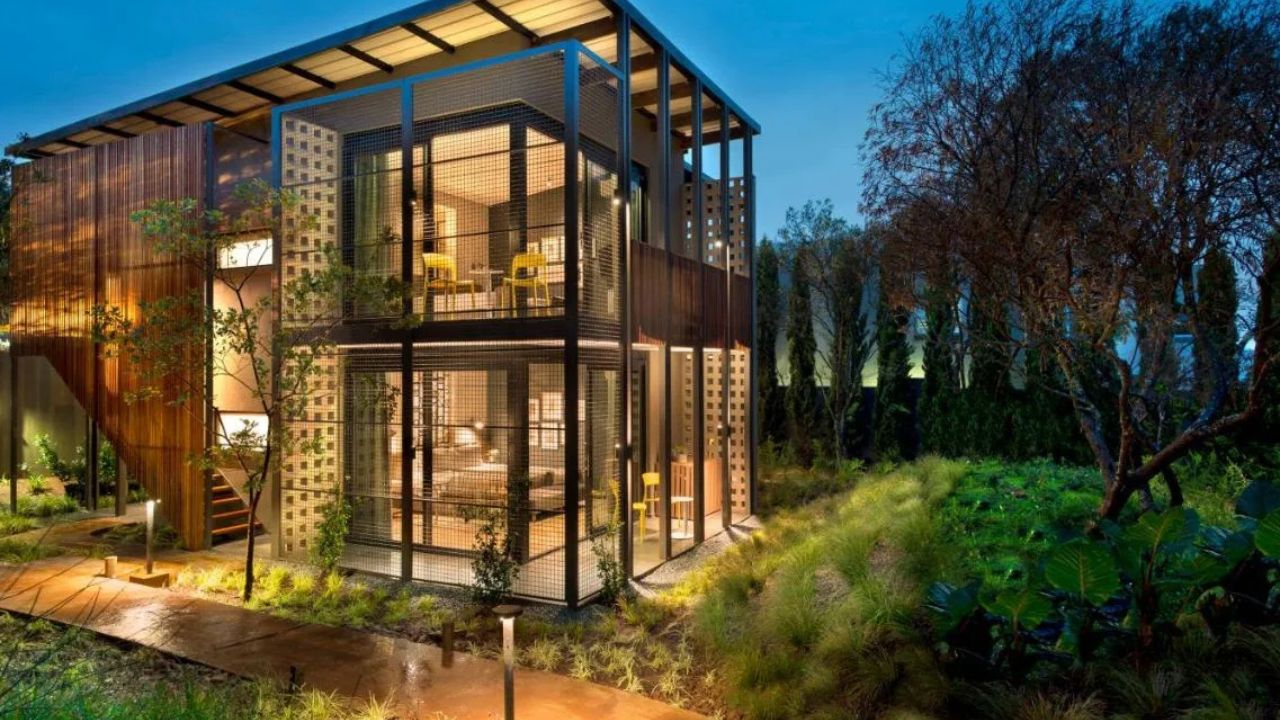 Exterior of Peech Boutique Hotel Johannesburg at sunset with interior lights