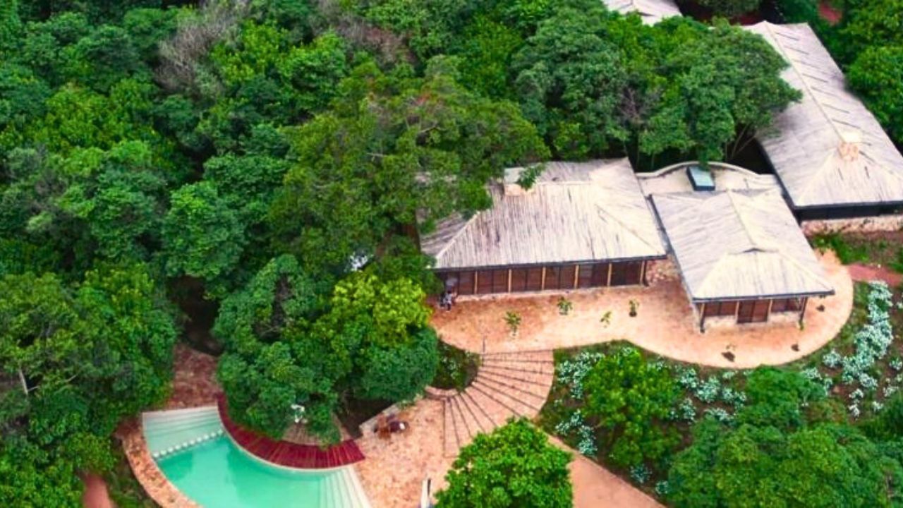 Aerial view of Entebbe Forest Lodge and pool Uganda