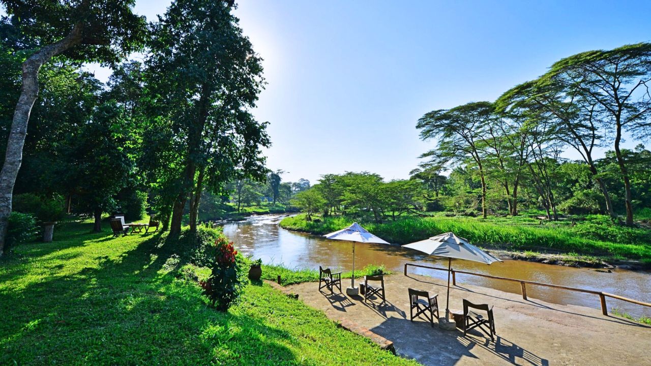 Main lodge overlooking river Ishasha Wilderness Camp Uganda