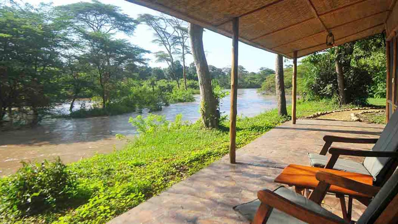 Private deck guest accommodation Ishasha Wilderness Camp Uganda