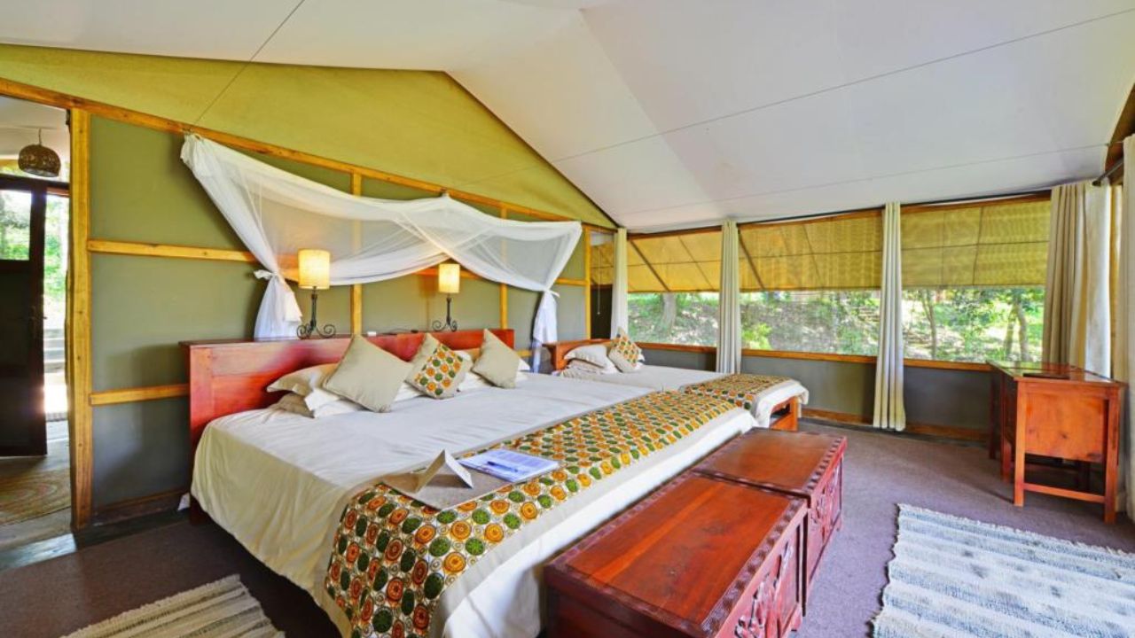 Double bed guest room Ishasha Wilderness Camp Uganda