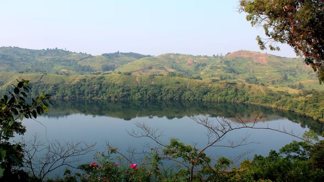 Crater lake formed by extinct volcano near Ndali Lodge in western Uganda.