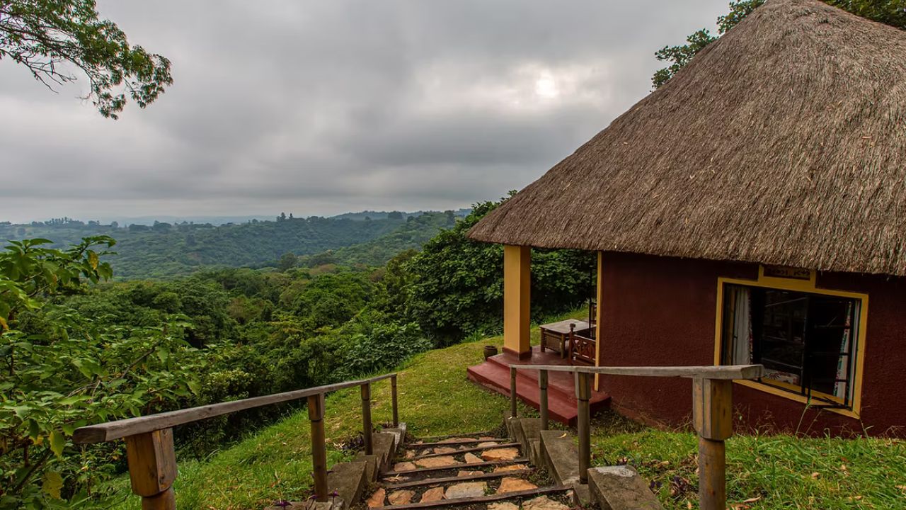 Thatched guest bungalow at Ndali Lodge overlooking jungle and crater lake.