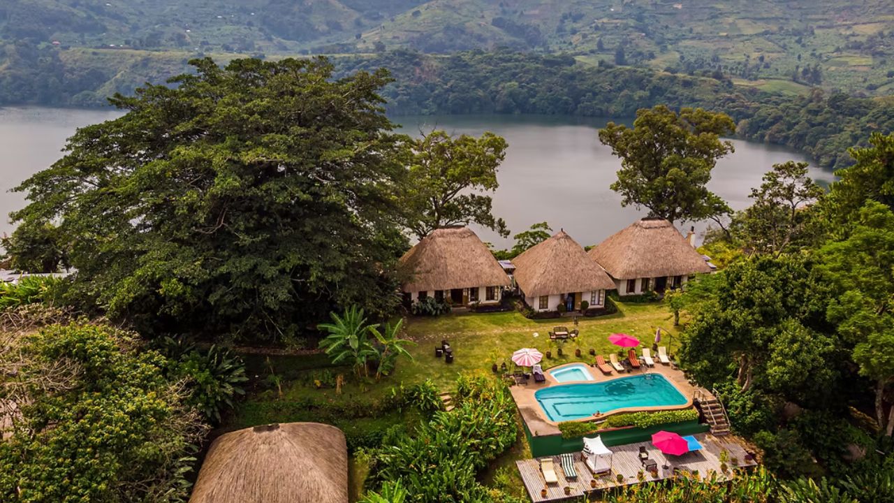 Aerial view of Ndali Lodge swimming pool and thatched cottages overlooking crater lake near Kibale Forest in Uganda.