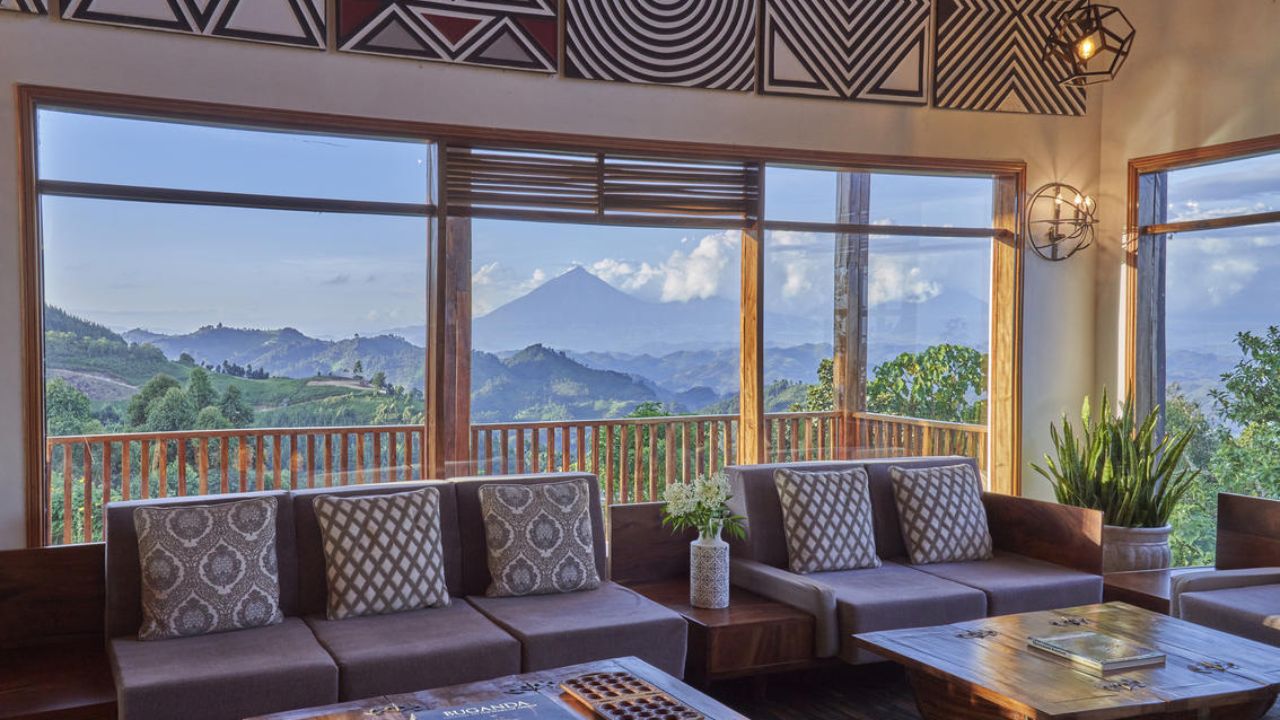 Lounge area with large windows Nkuringo Bwindi Gorilla Lodge