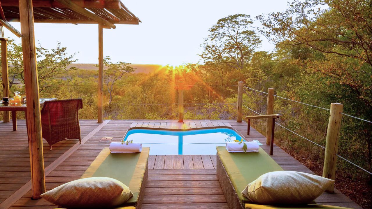 Plunge pool at Wild Horizons Elephant Camp overlooking the wild bush, Zimbabwe.