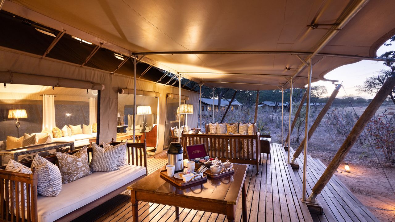 Luxury tented suites deck at Verneys Camp, Hwange National Park Zimbabwe