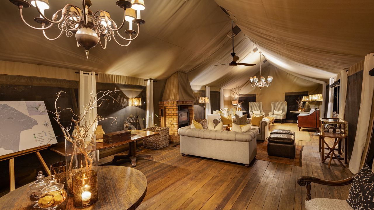 Interior lounge of luxury tented suite at Verneys Camp