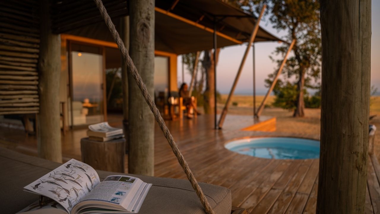 Guest deck with private plunge pool at sunset, Fothergill Island lodge