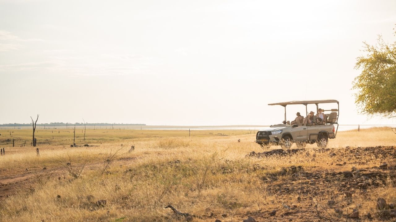 Guests on safari in vehicle observing African bush, Fothergill Island