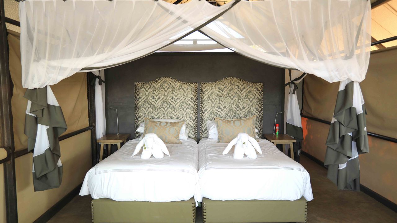 Twin beds in guest accommodation at Kavinga Camp, Mana Pools