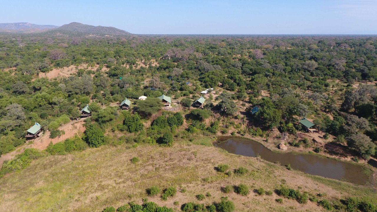 Aerial angle of Kavinga Camp and watering hole in Mana Pools Zimbabwe