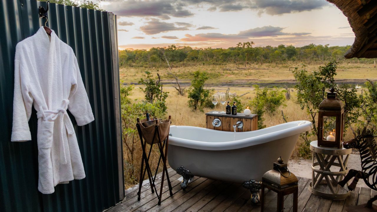 Private bath outside Kulu Bush Camp overlooking Zimbabwe bush