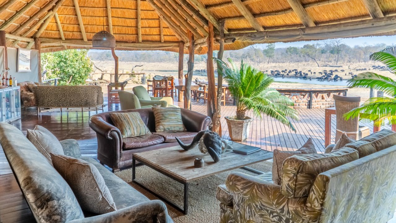 Khulu Bush Lodge main lounge and reception area under thatched roof
