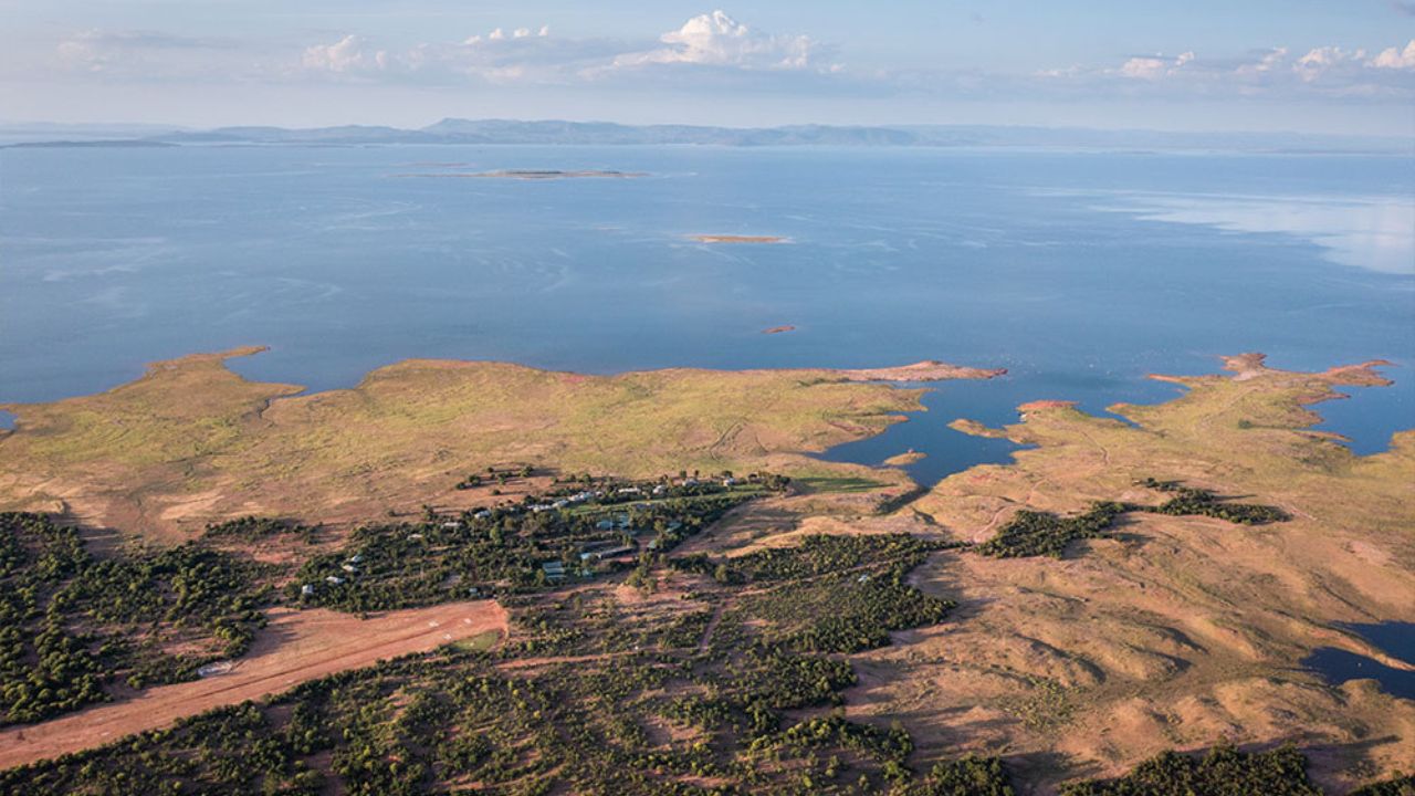Fothergill Island lodge with Lake Kariba backdrop, aerial view Zimbabwe