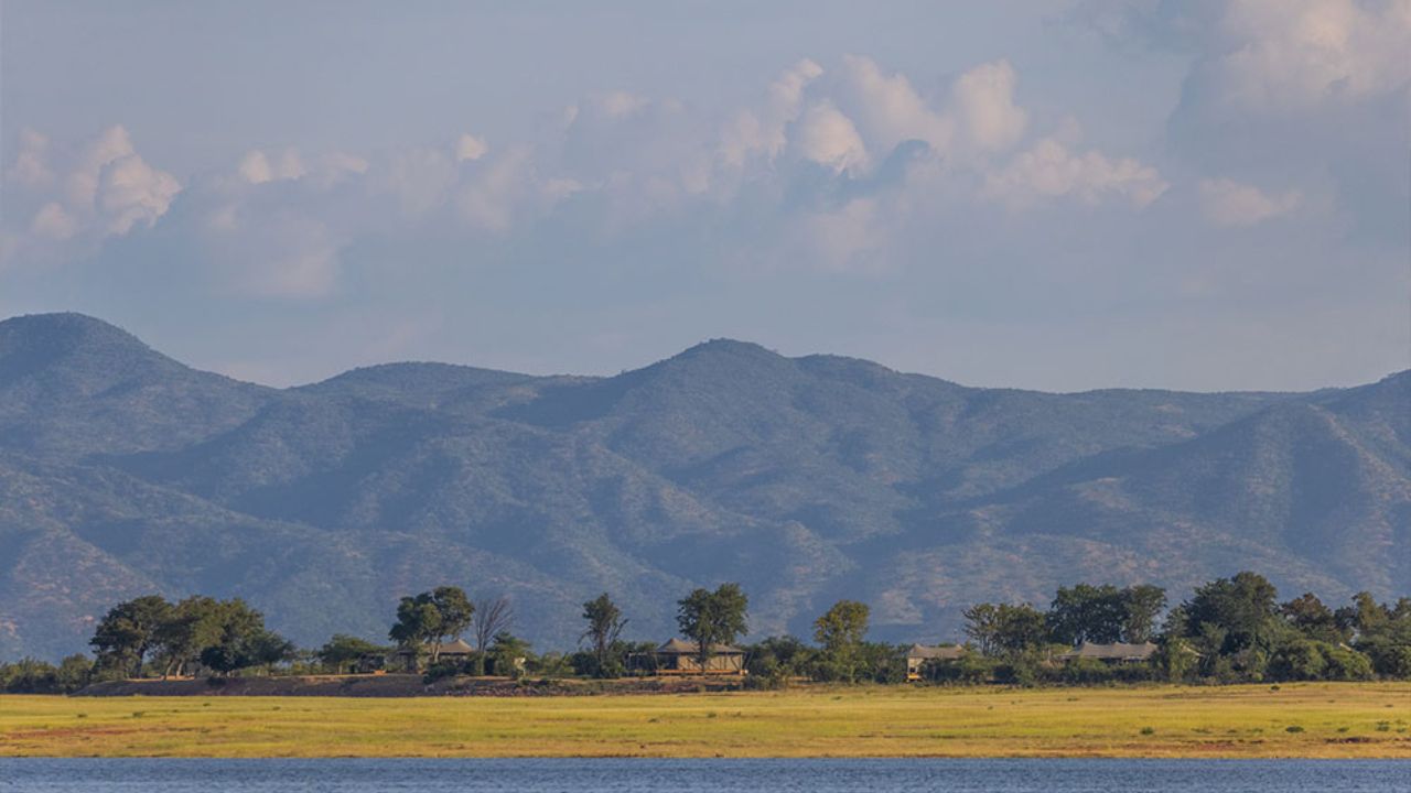 Fothergill Island across Lake Kariba with hills, Matusadona Zimbabwe