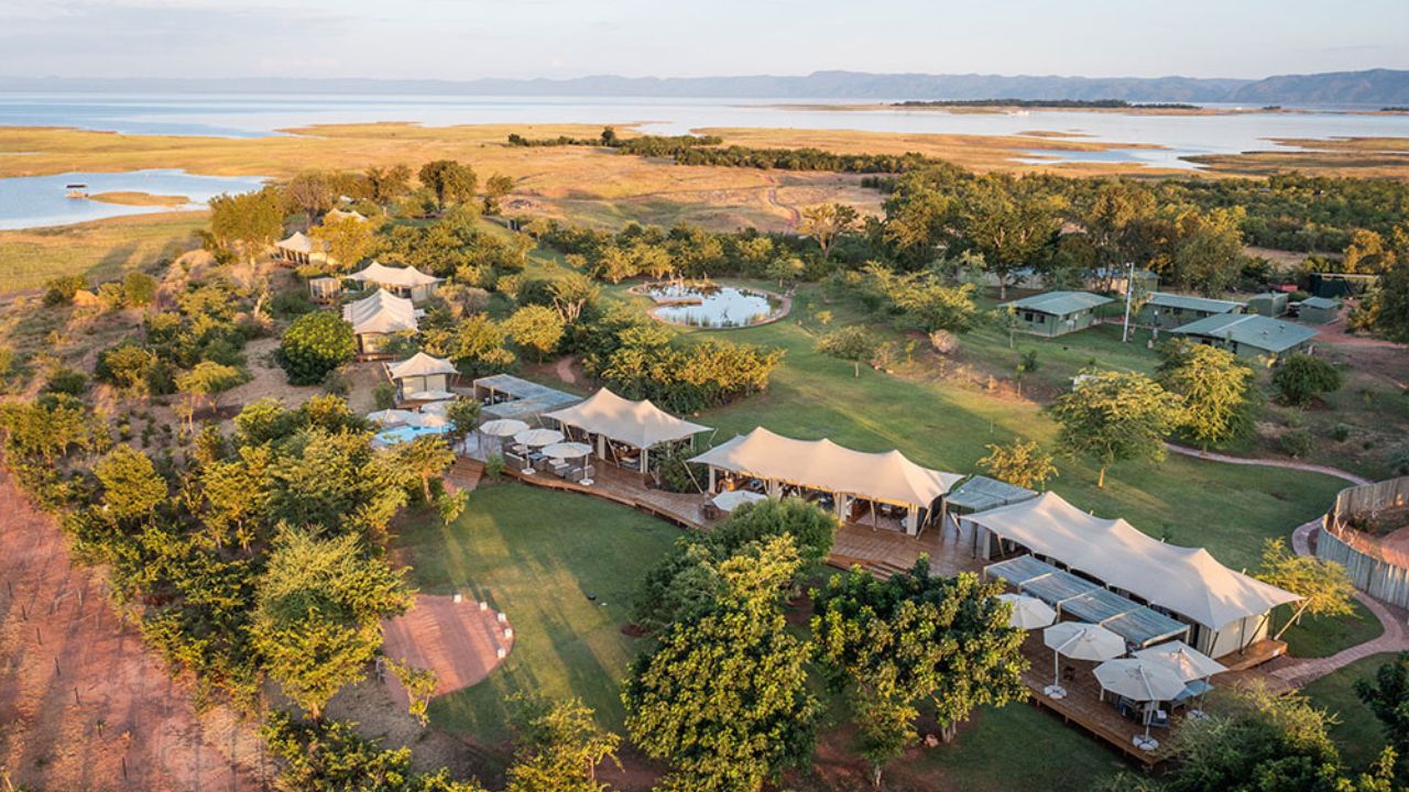 Aerial view of Fothergill Island lodge at sunset, Matusadona National Park