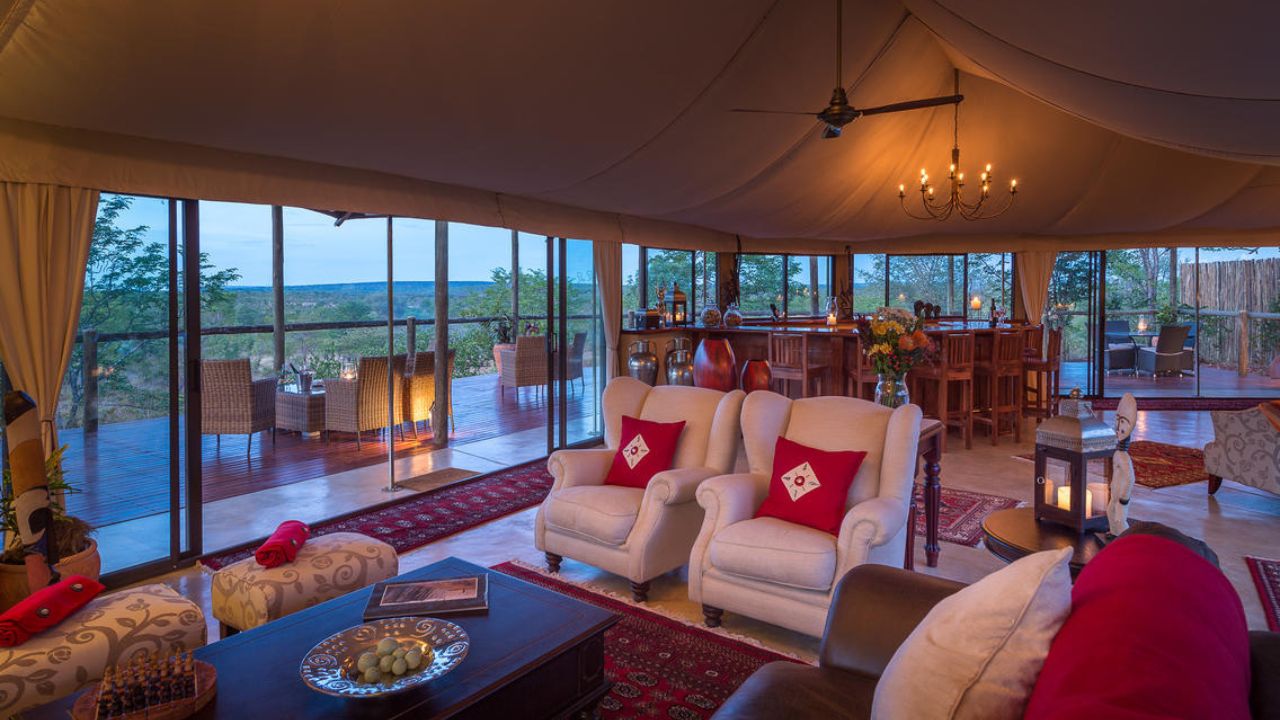 Luxury Victorian lounge at The Elephant Camp, Victoria Falls
