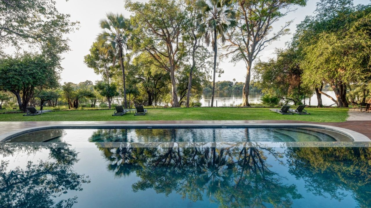 Palm River Hotel swimming pool Zambezi River backdrop