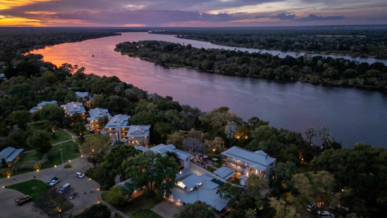 Aerial sunset view Palm River Hotel Zambezi River Victoria Falls