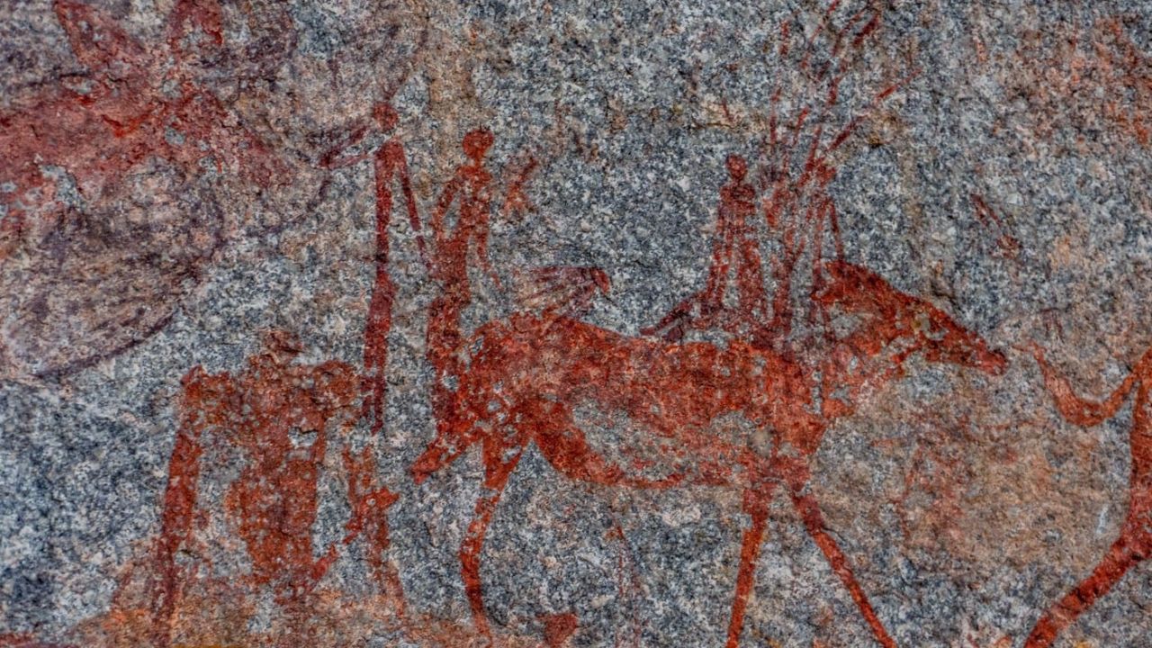 Close-up of San rock art showing animals and people Matobo National Park