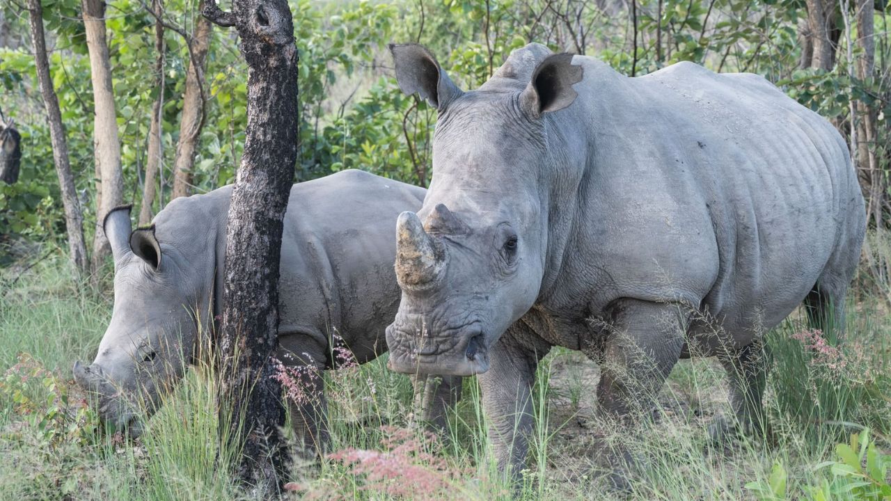 Two rare endangered rhinos in Matobo National Park Zimbabwe
