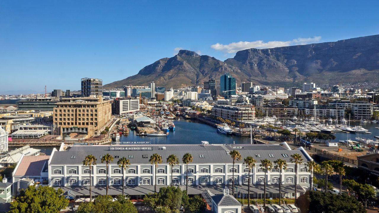 Aerial view of Queen Victoria Hotel at V&A Waterfront Cape Town with Table Mountain.