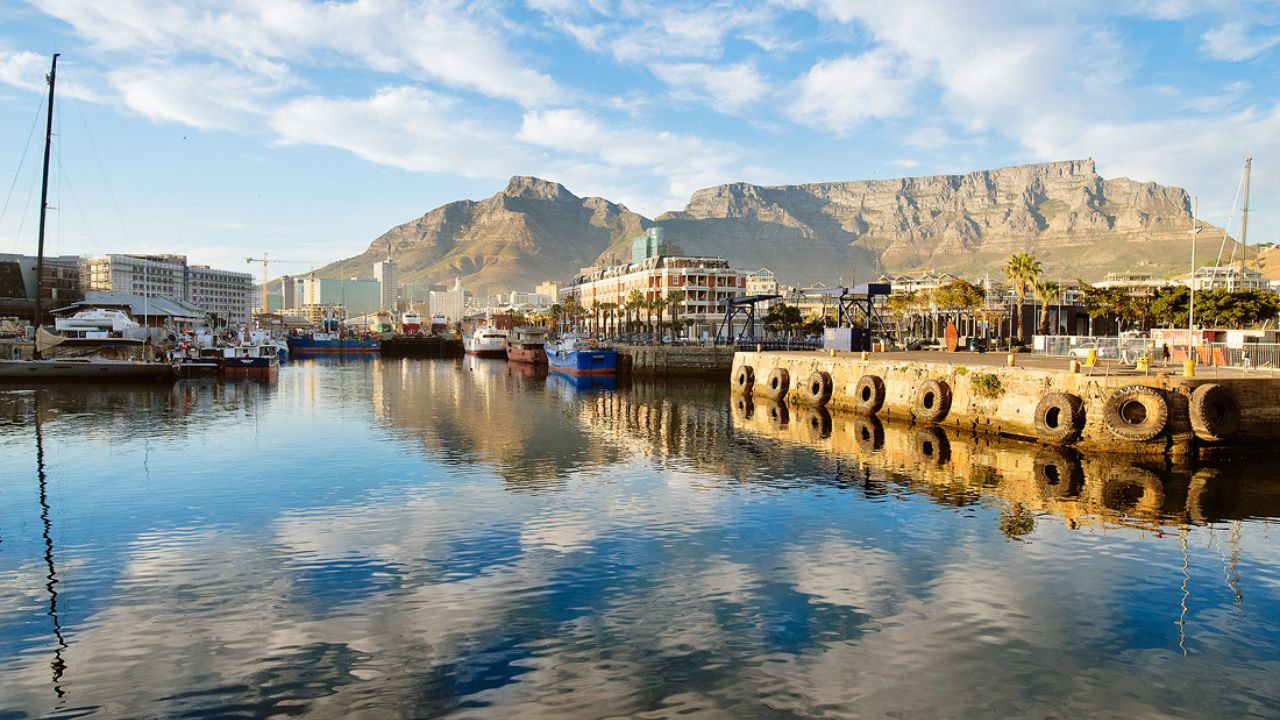 View of V&A Waterfront and Table Mountain from Dock House Boutique Hotel.