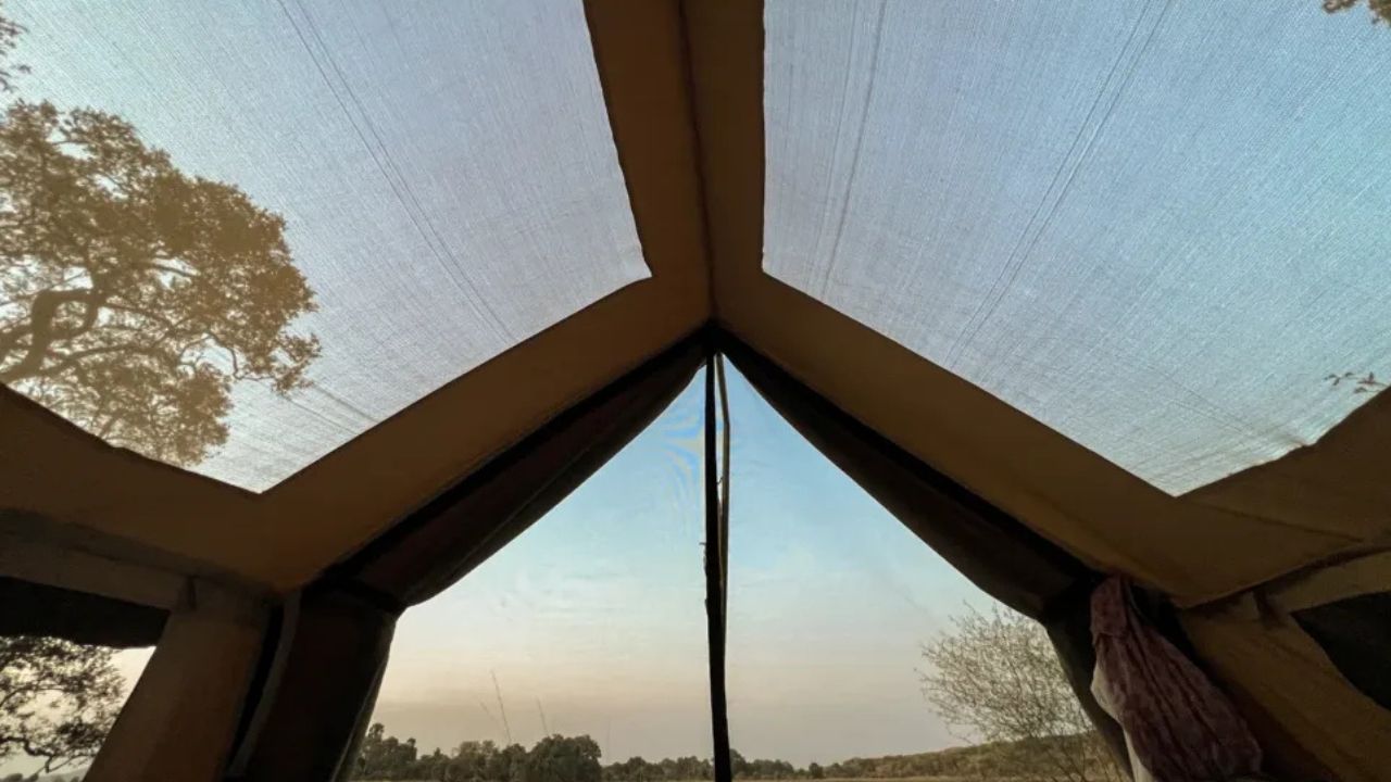 View from inside tent lying down with only fly net open, showing African skies above.
