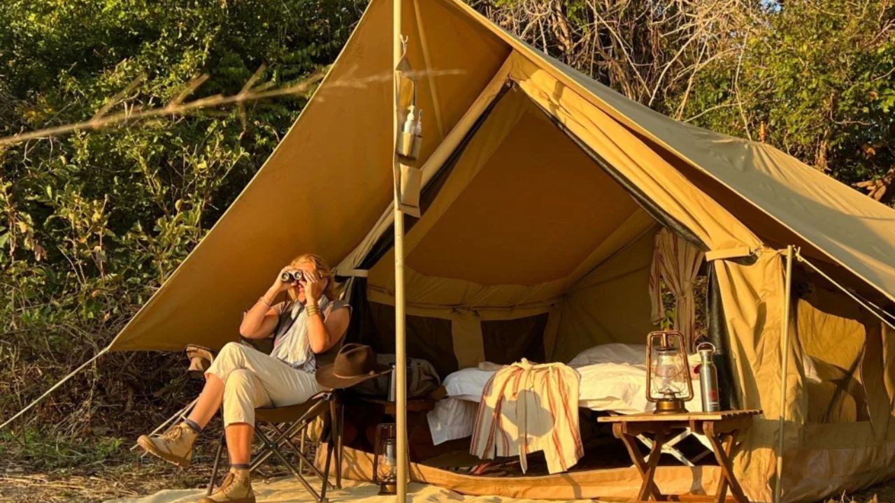 Guests sitting outside their tent with binoculars searching for wildlife on a walking safari in Tanzania.