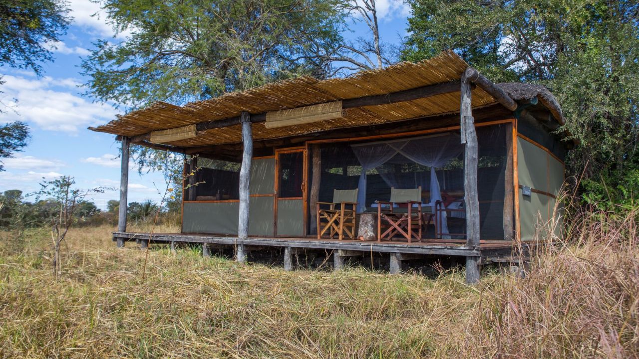 Front view of tented guest accommodation in the Zambian bush, sunrise lighting.