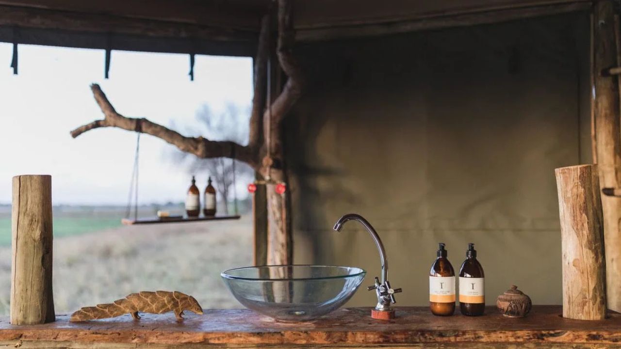 Bathroom facilities inside a luxury tent at Musekese Camp, Kafue National Park.