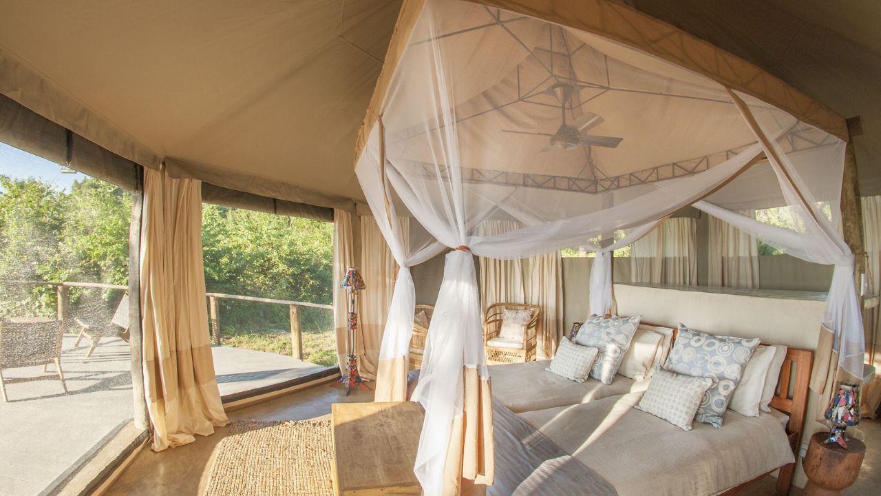 Bathroom with double basin in tented accommodation, Three Rivers Camp