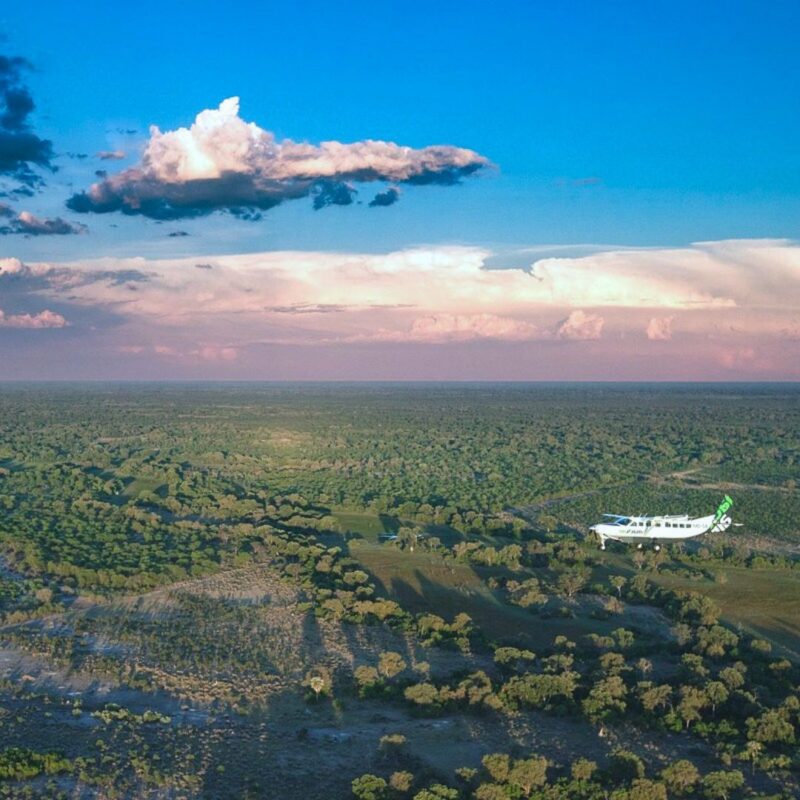 Bush flights charter aircraft in mid-flight over the African bush.