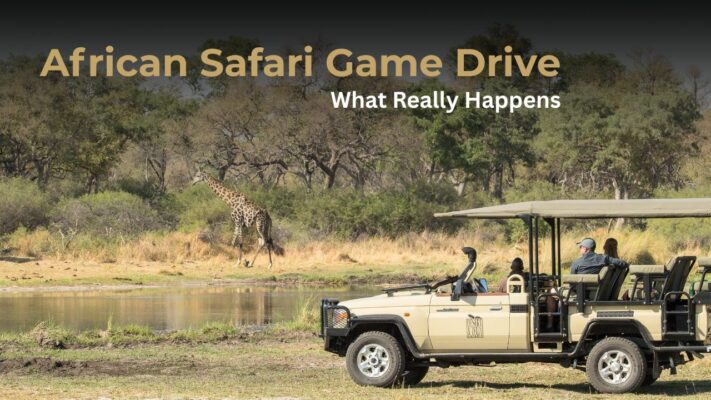 Safari game vehicle with a giraffe in the background. Game drives what really happens