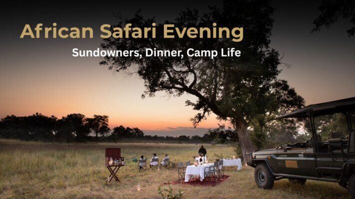 Sunset shot of game vehicle with guest stopping for sundowners in the African bush.