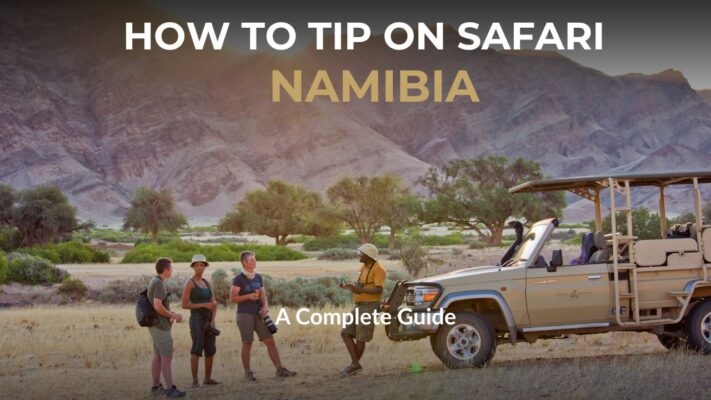 Gusts with Ranger and Safari Vehicle at sunset in Namibia - Words saying How To Tip On Safari In Namibia