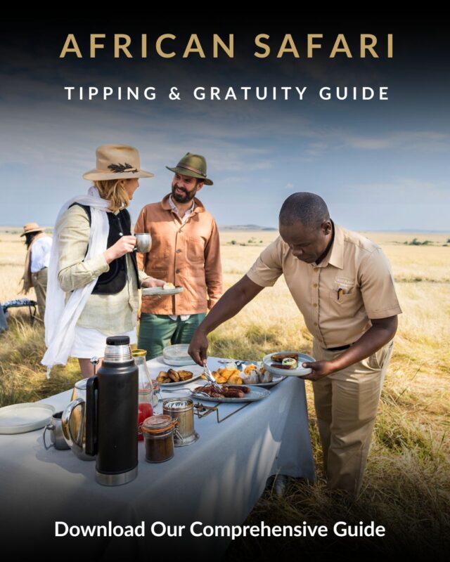 Cover page of tipping and gratuity guide for African Safaris. African guide serving guests in Savanna