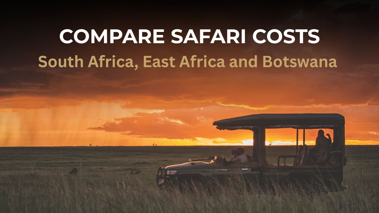 Image of Safari Vehicle in African Sunset with the words "Compare South Africa, East Africa and Botswana Safari Costs"