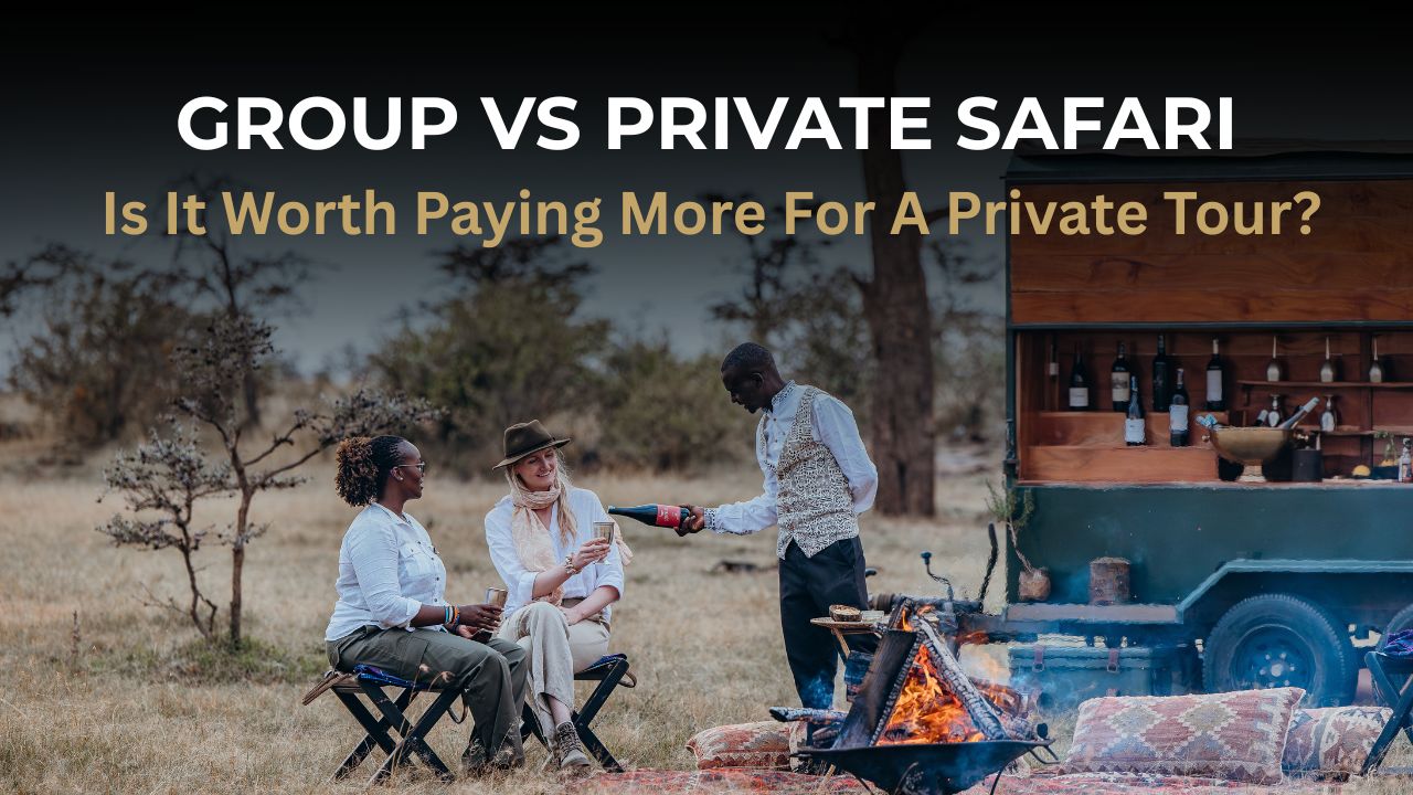 Image of safari guests enjoying sundowners being served by a private butler with the words " Group vs Private Safari Is It Worth Paying More for a Private Tour"