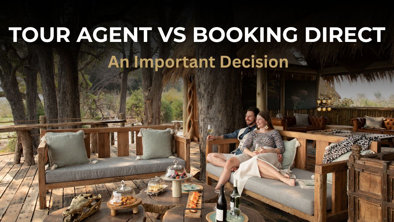 Image of a couple sitting on the deck of a Safari Lodge enjoying the view with the words "African Safari: Travel Agent vs. Booking Direct"