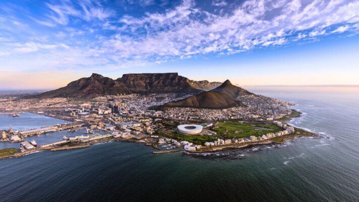 Aerial View of Cape Town and Table Mountain from the ocean side.