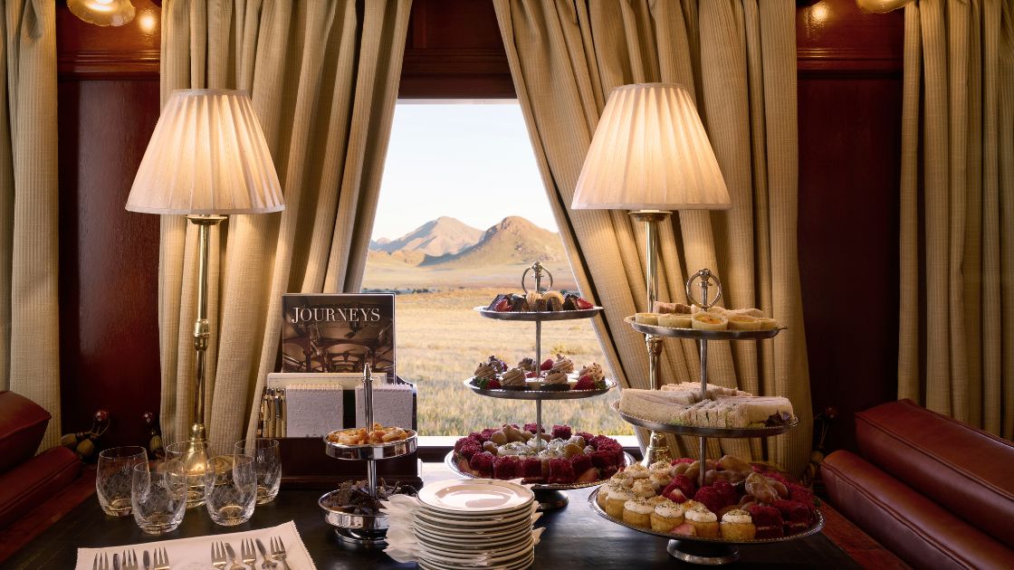 Rovos Rail buffet with afternoon tea treats and luxury dining.