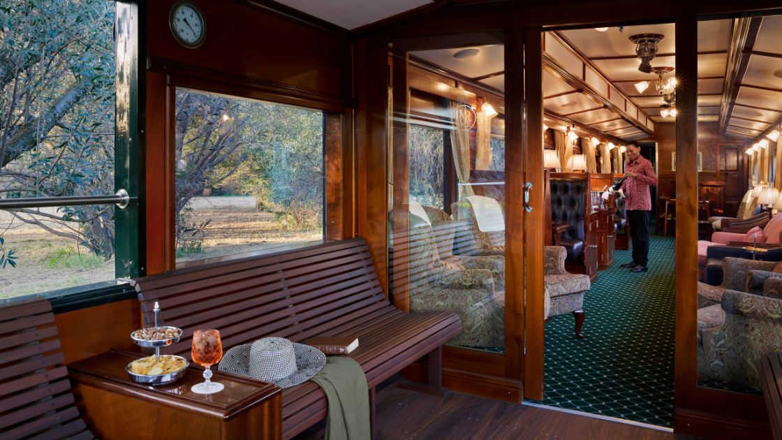 Luxury lounge carriage interior aboard Rovos Rail luxury train.
