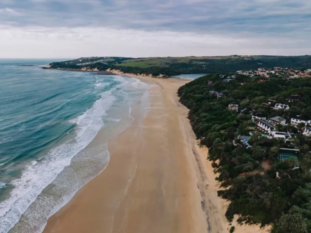 Aerial view of Crawford's Beach Lodge overlooking the Wild Coast ocean.