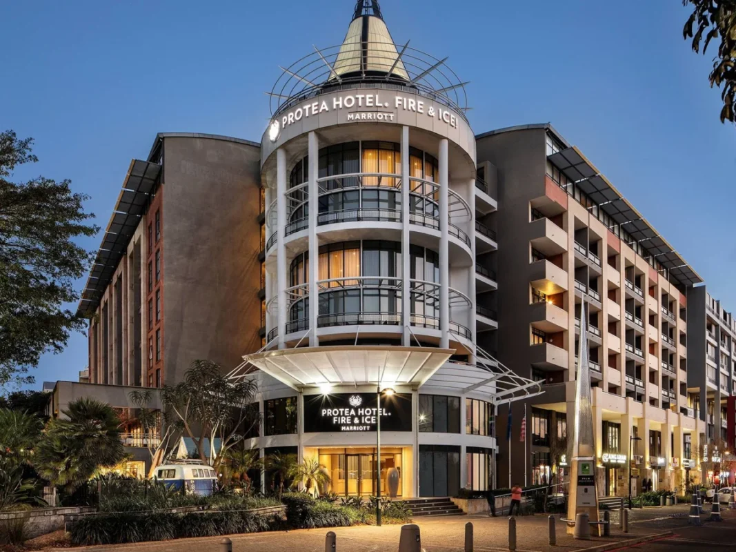 Protea Hotel Fire & Ice Durban Umhlanga Ridge entrance at sunset.