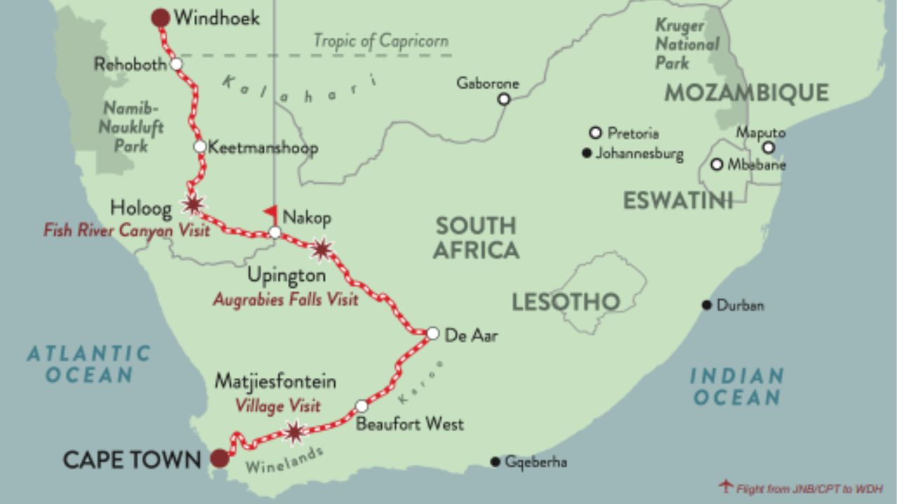 Rovos Rail Special Tour Map - Windhoek to Cape Town